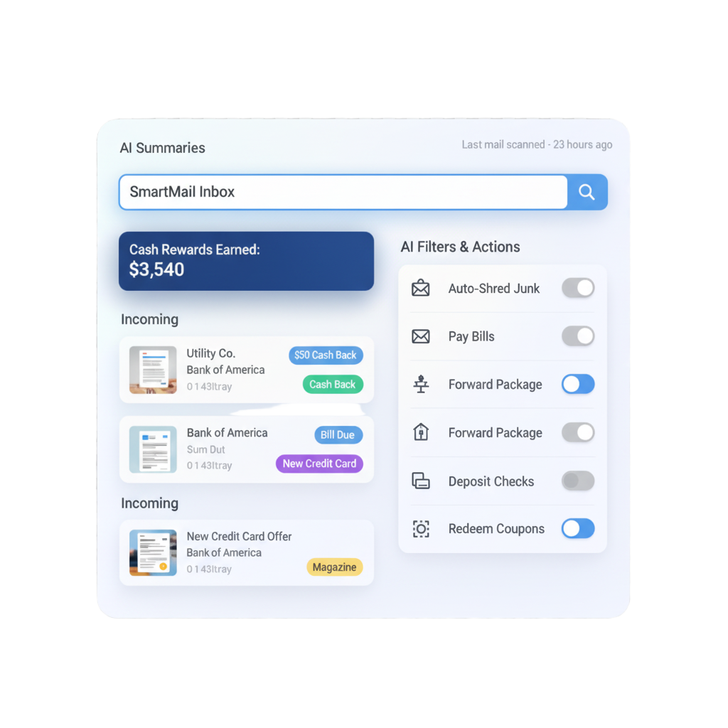 Golaso AI dashboard showing SmartMail Inbox with cash rewards earned, incoming mail items with smart tags, and AI filters for automated actions
